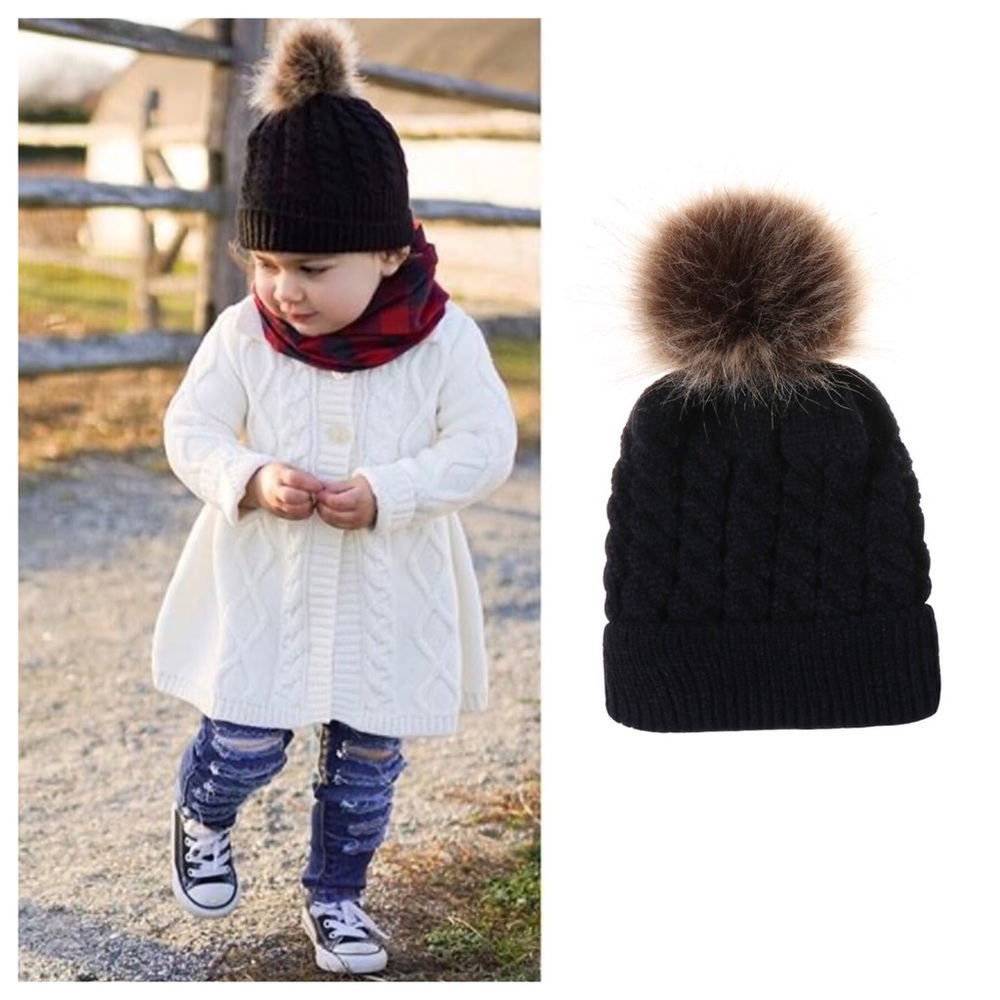 Children’s Black Knitted Beanie with Fur Pom Pom - Picture 1 of 7